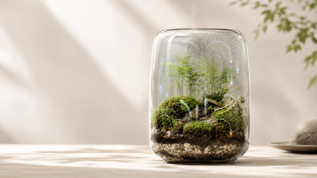 Ciclo da água num terrário fechado: evaporação, condensação e regresso ao substrato
