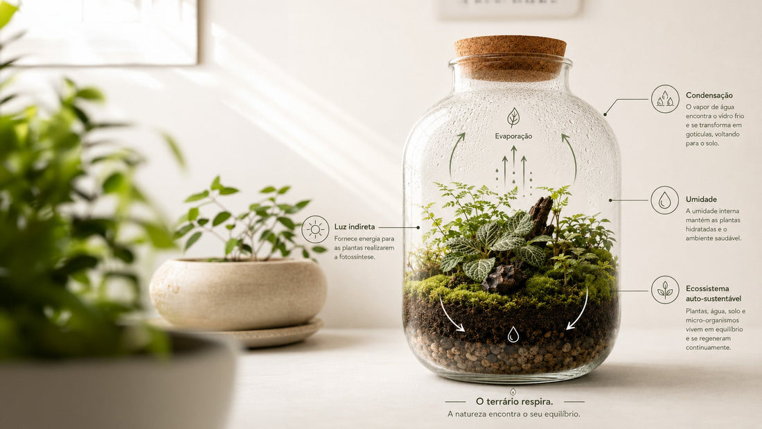 Ecossistema de um terrário fechado: vidro, camadas, substrato, plantas e musgo