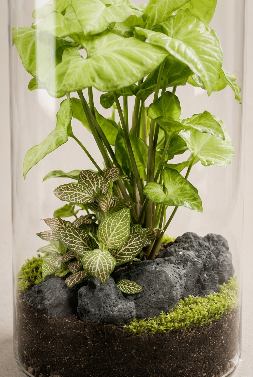 Ampulla Folia, terrário fechado vertical com plantas naturais e musgo