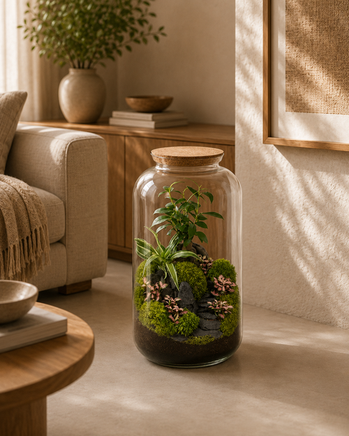 Terrário fechado Ampulla Scena em vidro com plantas, musgo e composição natural