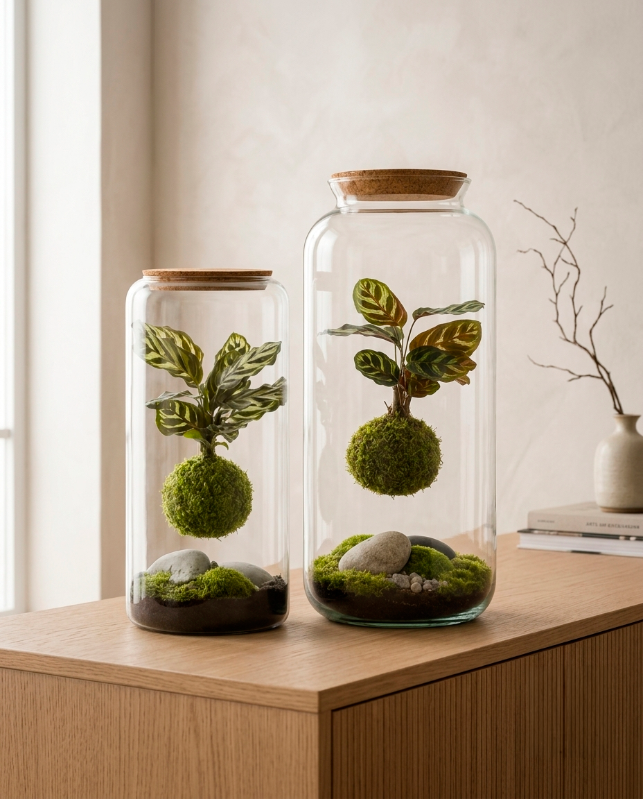 Dois terrários X-Libris com kokedama levitante de Calathea em duas variantes de tamanho, sobre aparador de madeira