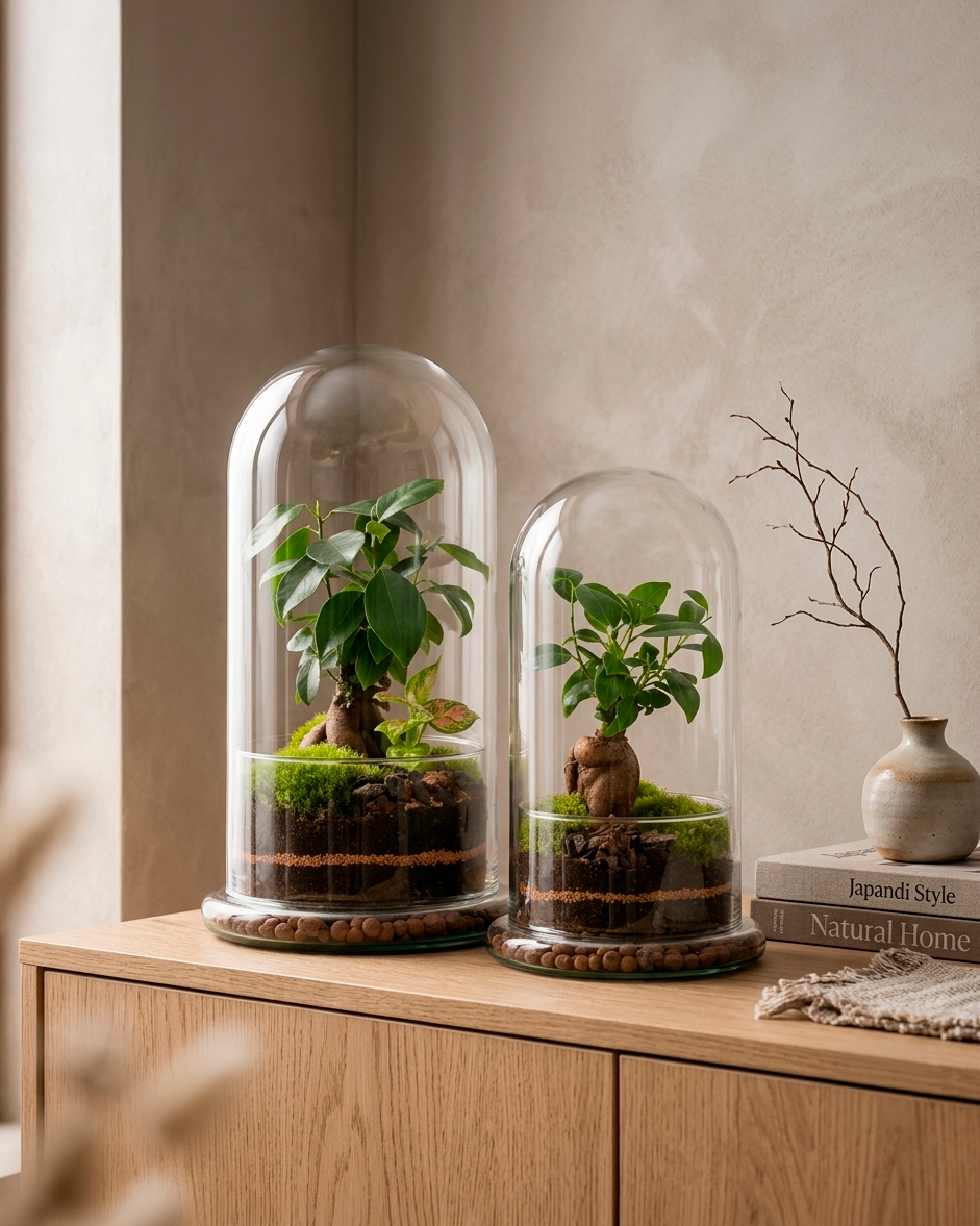 Dois terrários X-Libris Redoma com ginseng bonsai e musgo, sobre aparador de madeira clara em ambiente Japandi