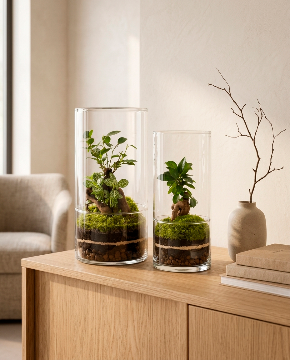 Dois terrários X-Libris Turris cilíndricos com ginseng bonsai e musgo, sobre aparador em ambiente minimalista